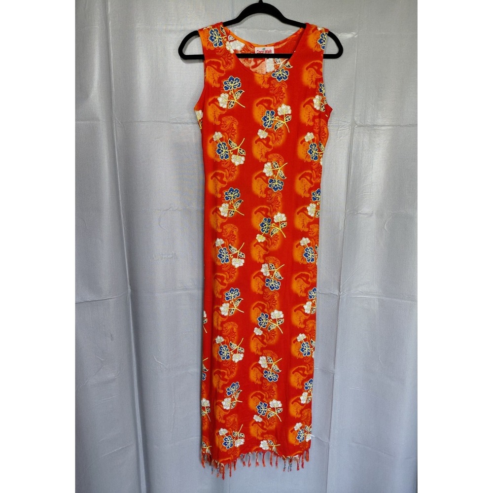 Vtg Coco Walk Tropical Fringe Hem Midi to Maxi Dress SM Red Sleeveless
